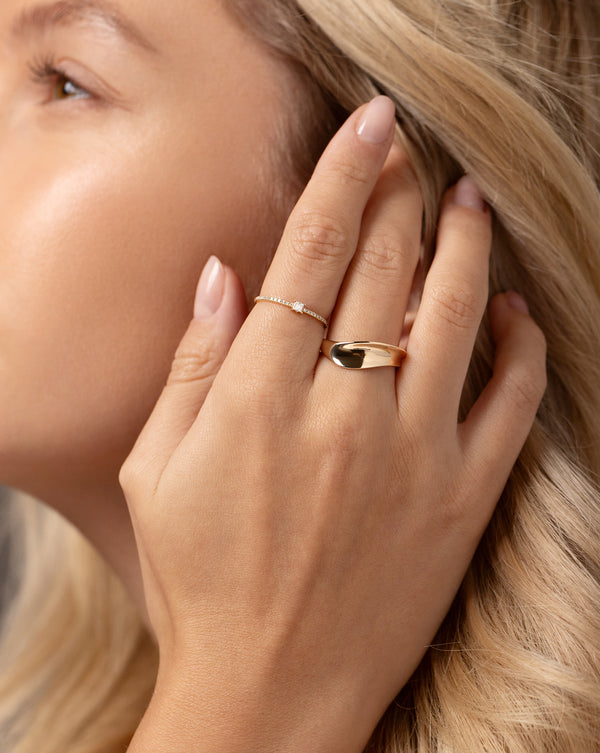 Movement Sculpted Ring and Baguette + Pave Diamond Ring on model