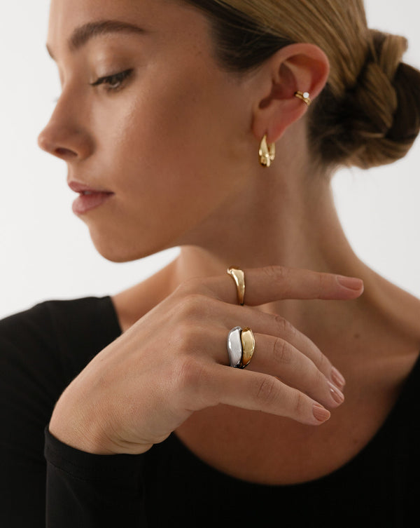 Ring Concierge Movement Collection 14k Gold - on-model stacked with white gold and model wearing bun