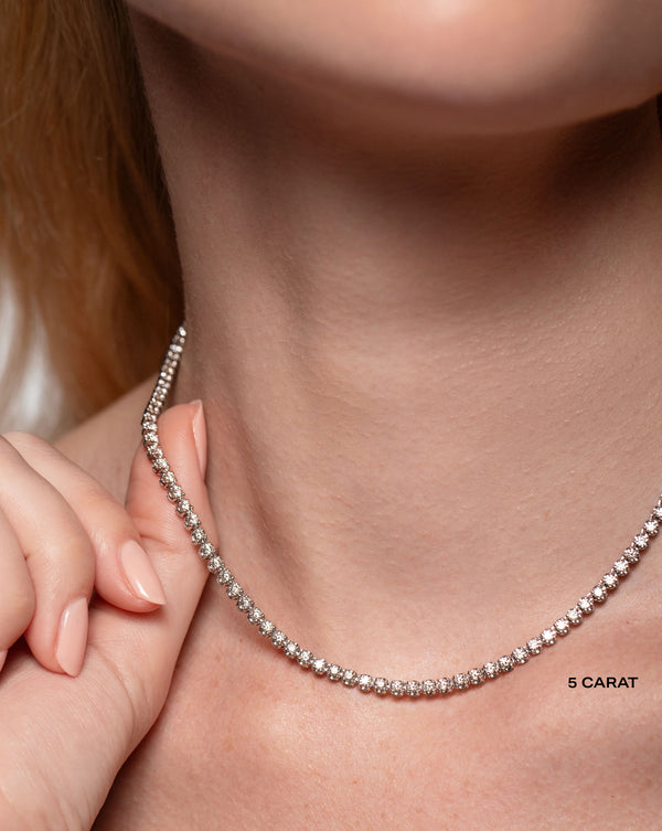 14k white gold 5 carat diamond tennis necklace on model