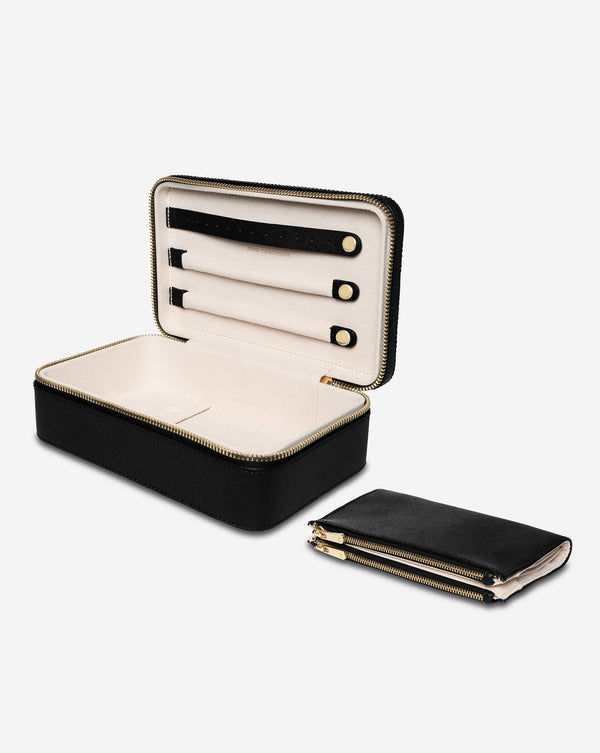 Multiway Leather Jewelry Case shown open with removable pouch next to the case.