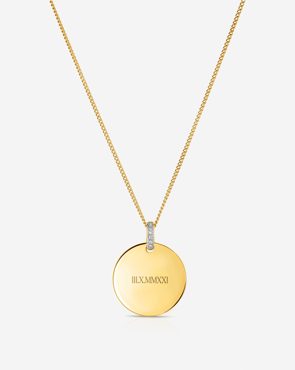 GIF of Engravable Round Pendant Necklace in Yellow Gold featuring a variety of engraving options.