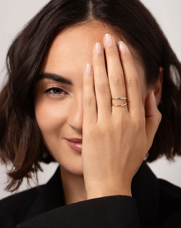 Open Double Row Ring on model with hand in front of face
