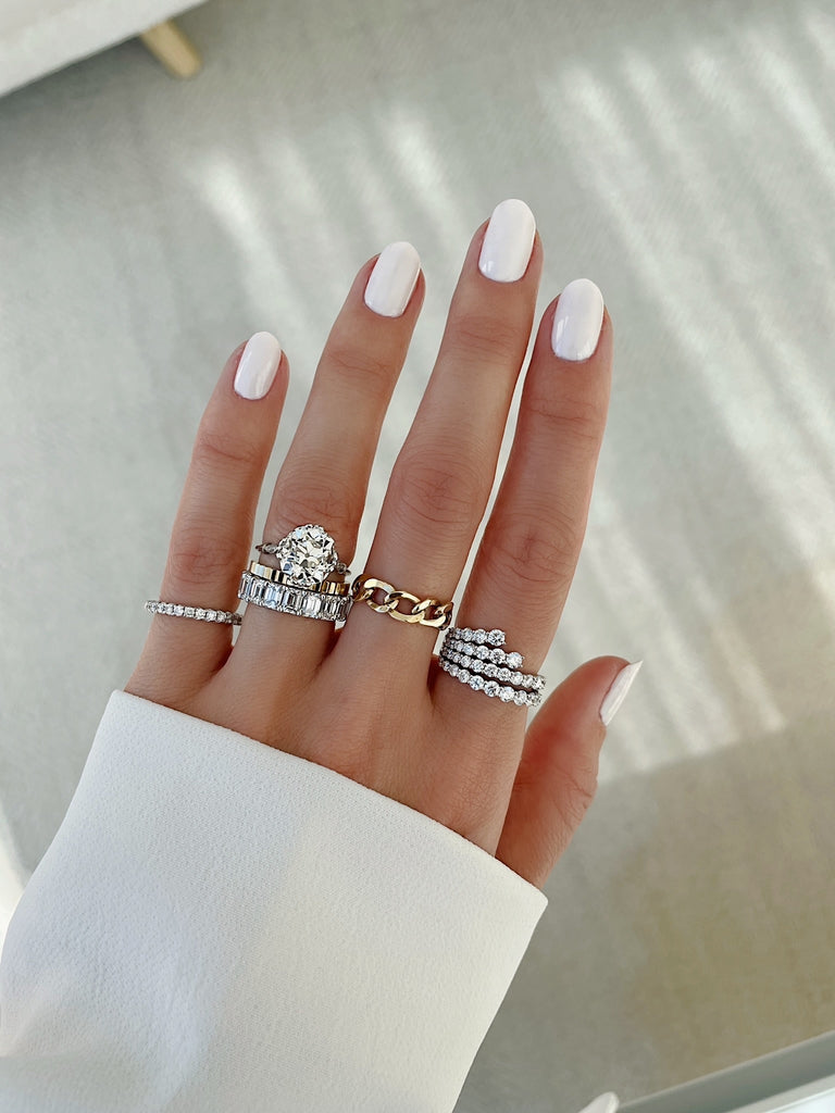 How to stack engagement, wedding, and eternity rings?