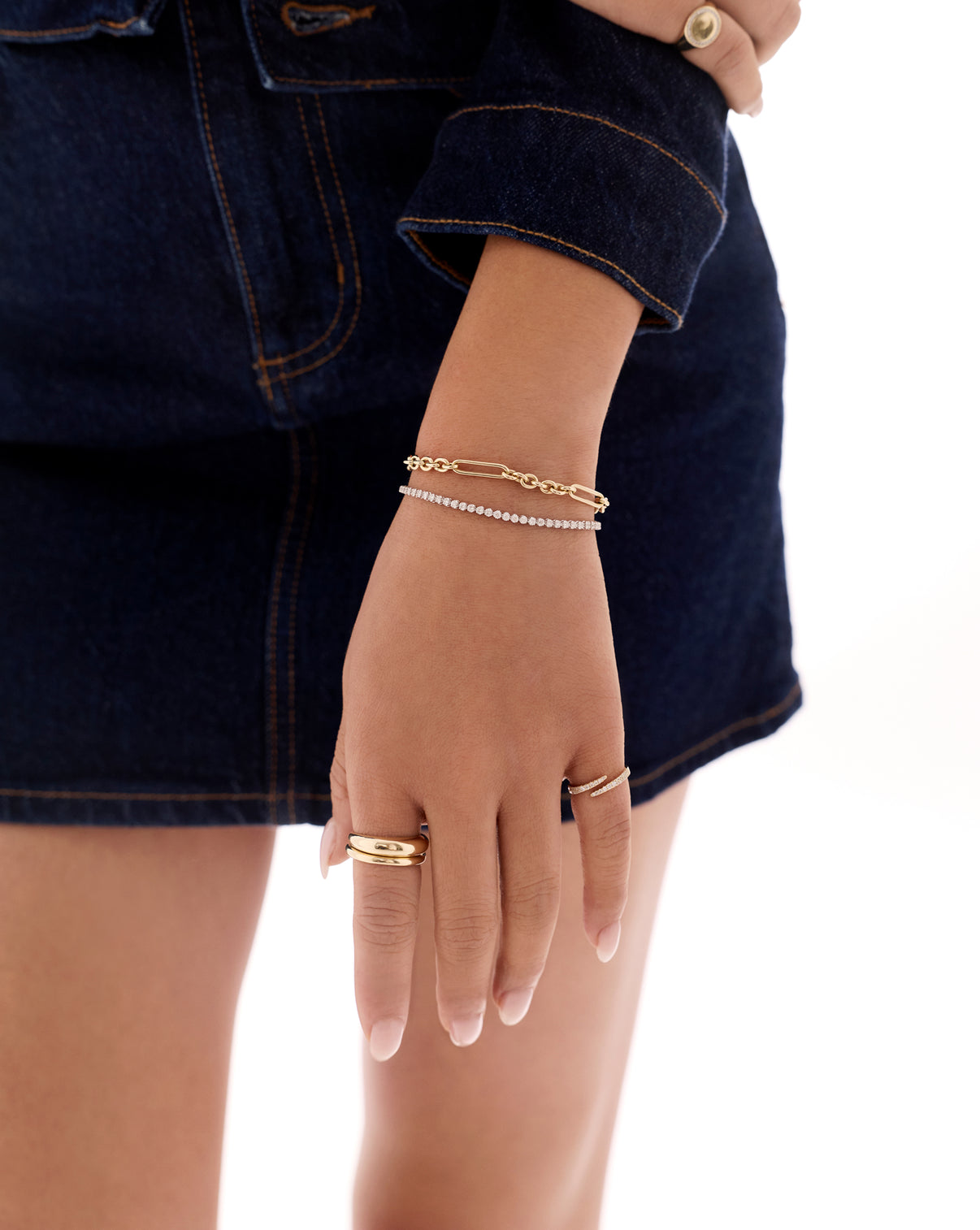Mini Lab Diamond Tennis Bracelet
sterling silver worn on model with a mixed link chain bracelet