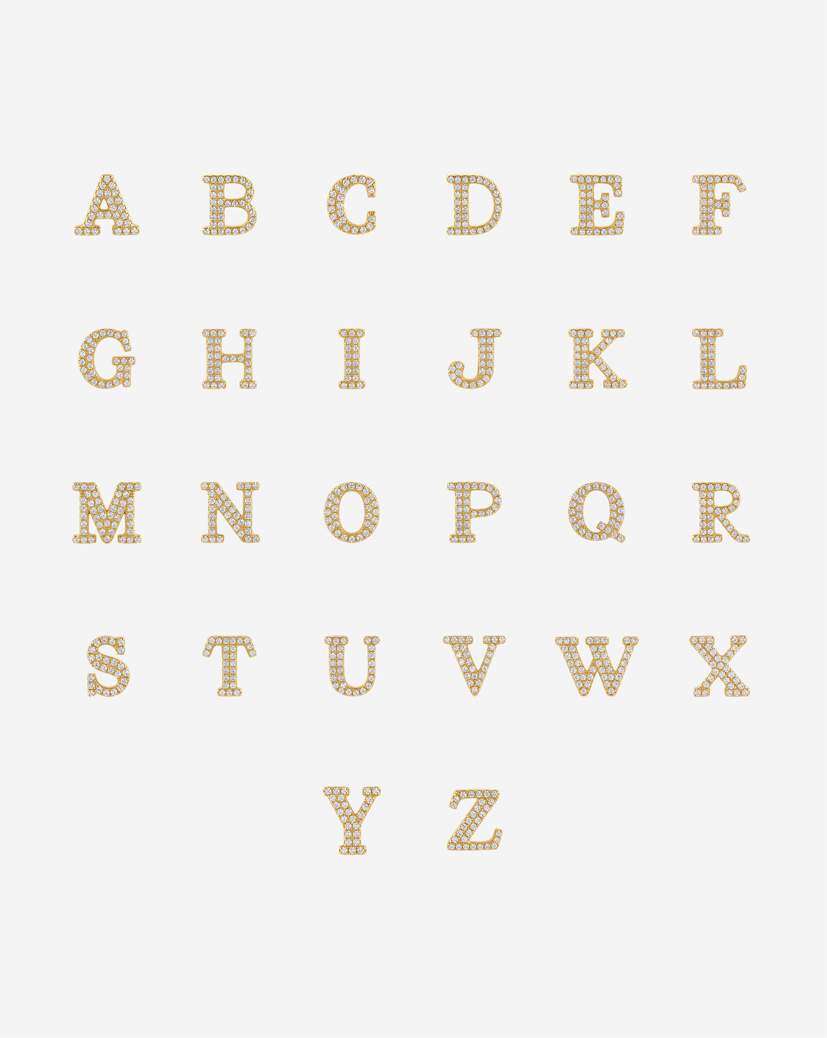 Pavé Diamond Initial Bead alphabet chart 14k Yellow Gold