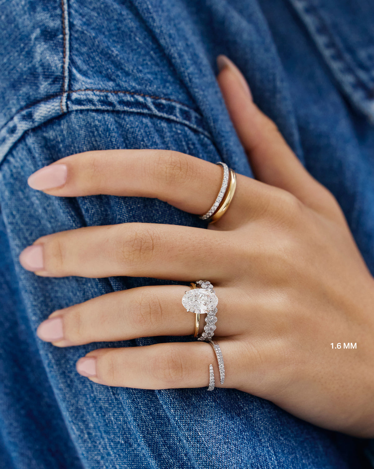  Model wearing Perfect Pave Ring in 1.9 mm with engagement ring GLOBAL