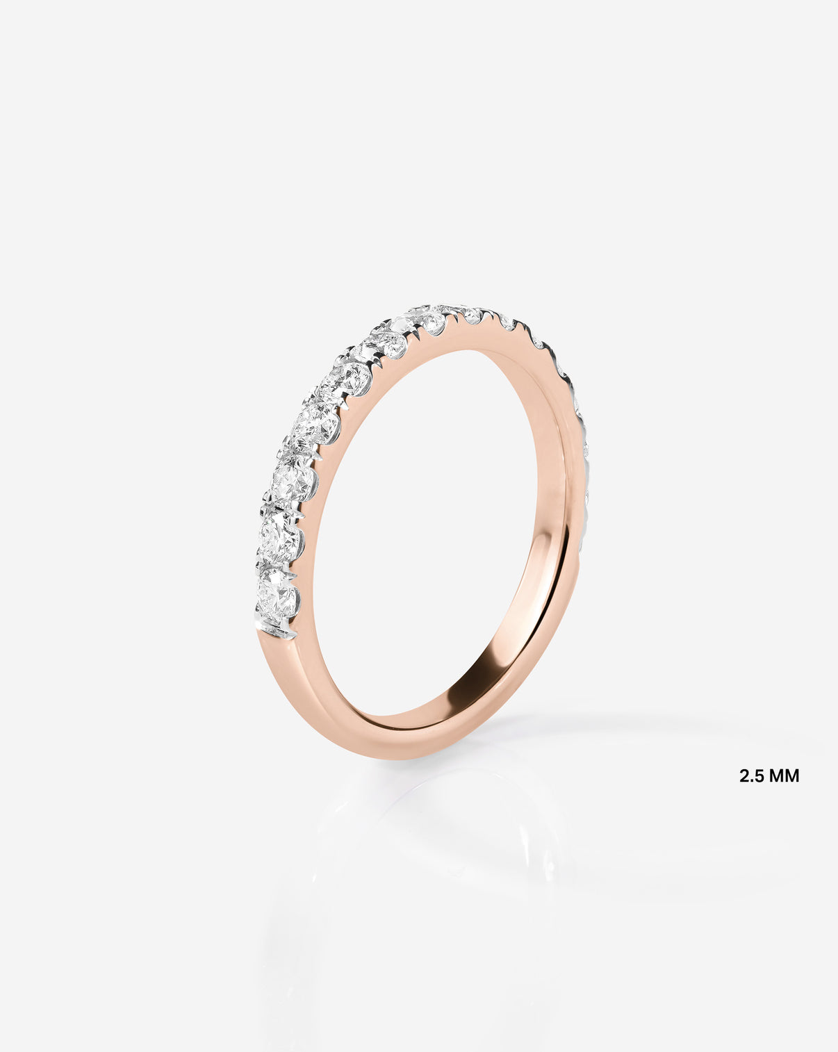 Flat lay of 2.5 mm Perfect Pave Diamond Ring in 14k Rose Gold / Half (half diamond coverage) - standing