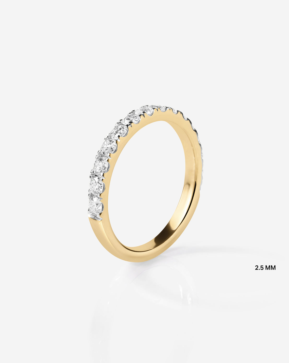 Flat lay of 2.5 mm Perfect Pave Diamond Ring in 14k Yellow Gold / Half (half diamond coverage) - standing