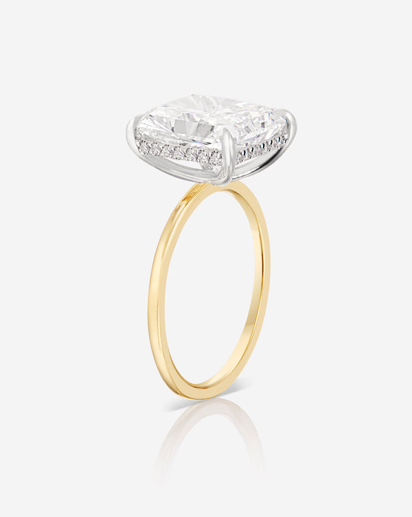 Side view of the 3.54 Radiant  in the Whisper Thin® with Hidden Halo Lab Grown Diamond Ring 14K Yellow Gold with Platinum Prongs
