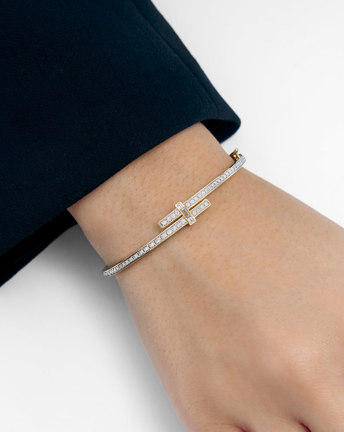 Round Diamond Wrap Bangle in 14k solid gold worn by model