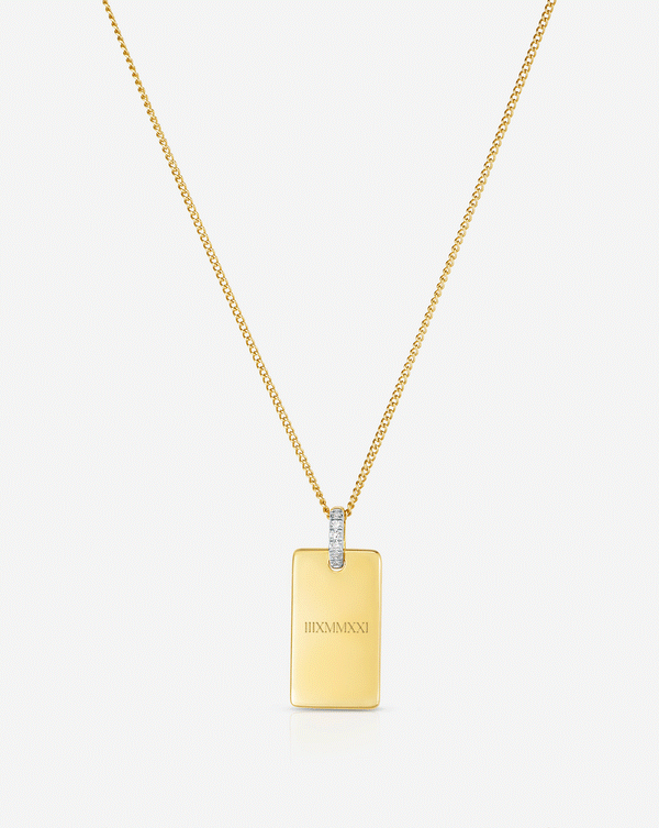 GIF of Engravable Rectangle Pendant Necklace in Yellow Gold featuring a variety of engraving options.