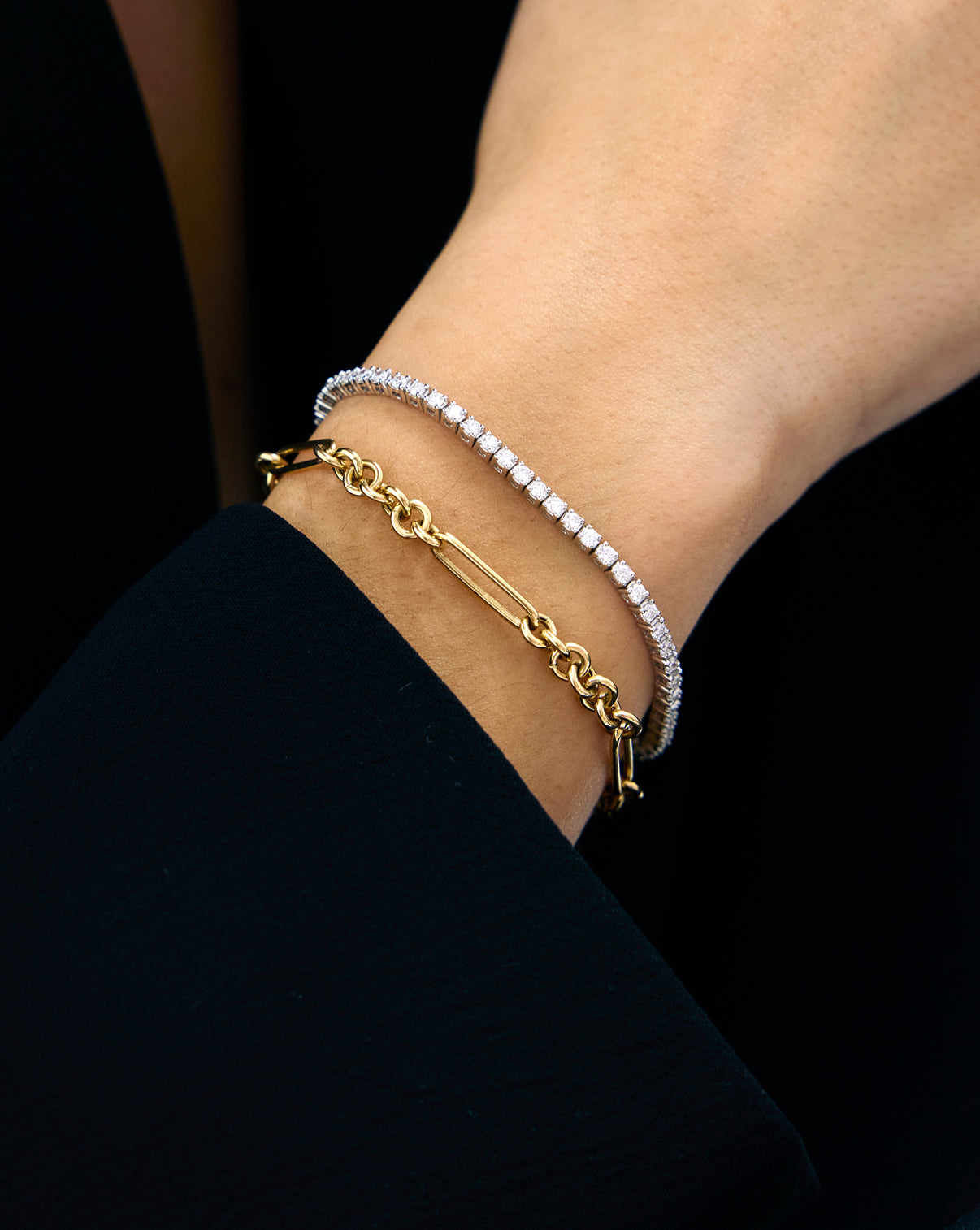 14k gold Mixed Link Chain Bracelet styled with diamond bracelet on model