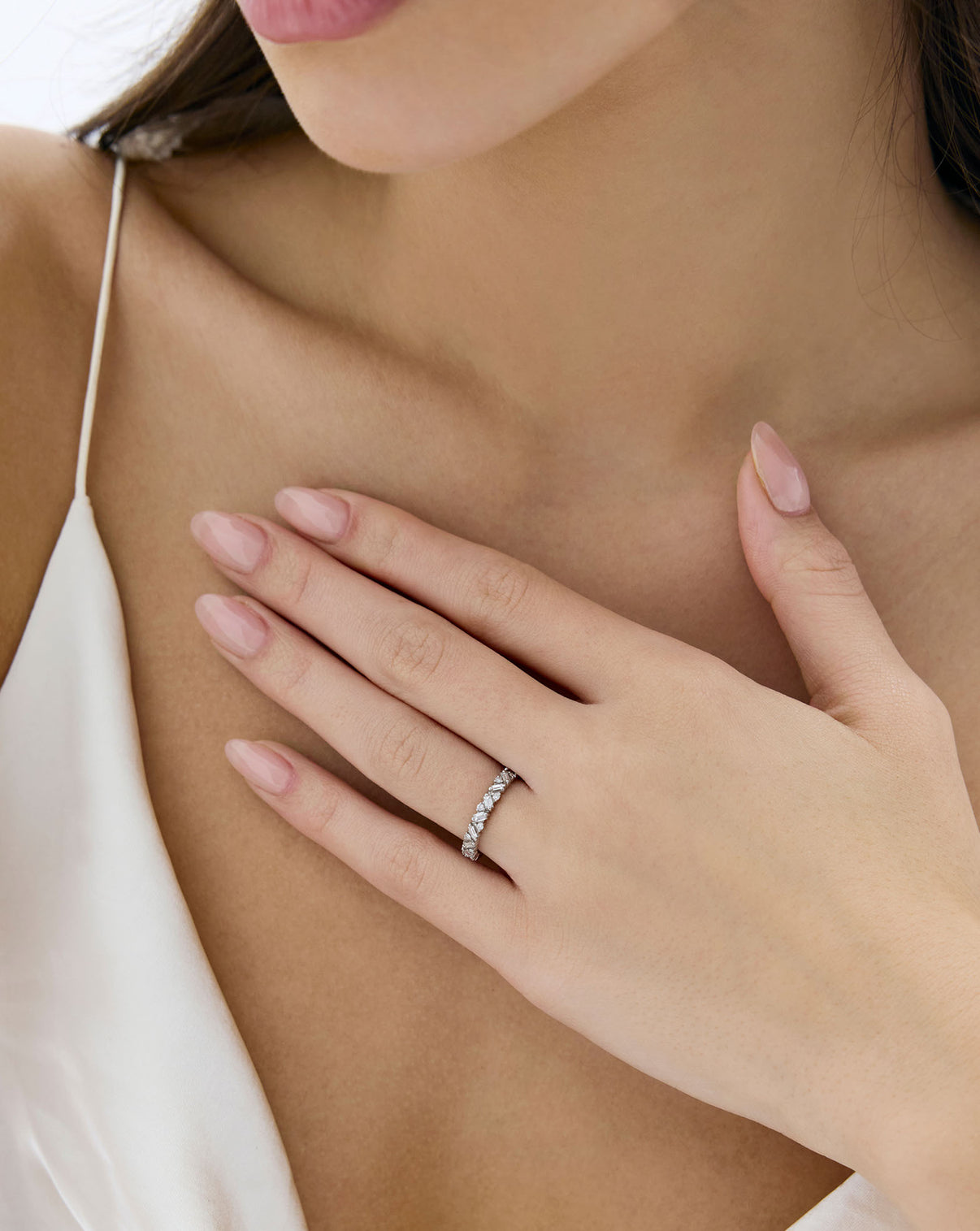 Ring Concierge Baguette Cluster Eternity Band Platinum on-hand