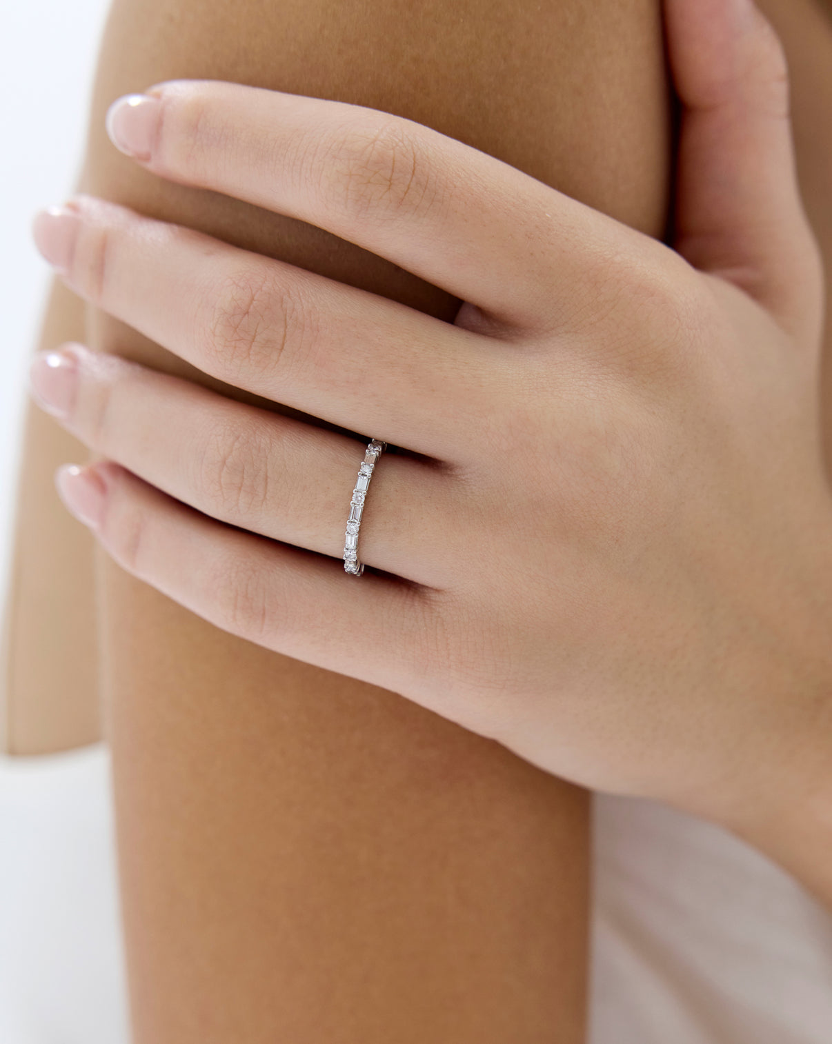Ring Concierge Baguette + Round Eternity Band Platinum on model