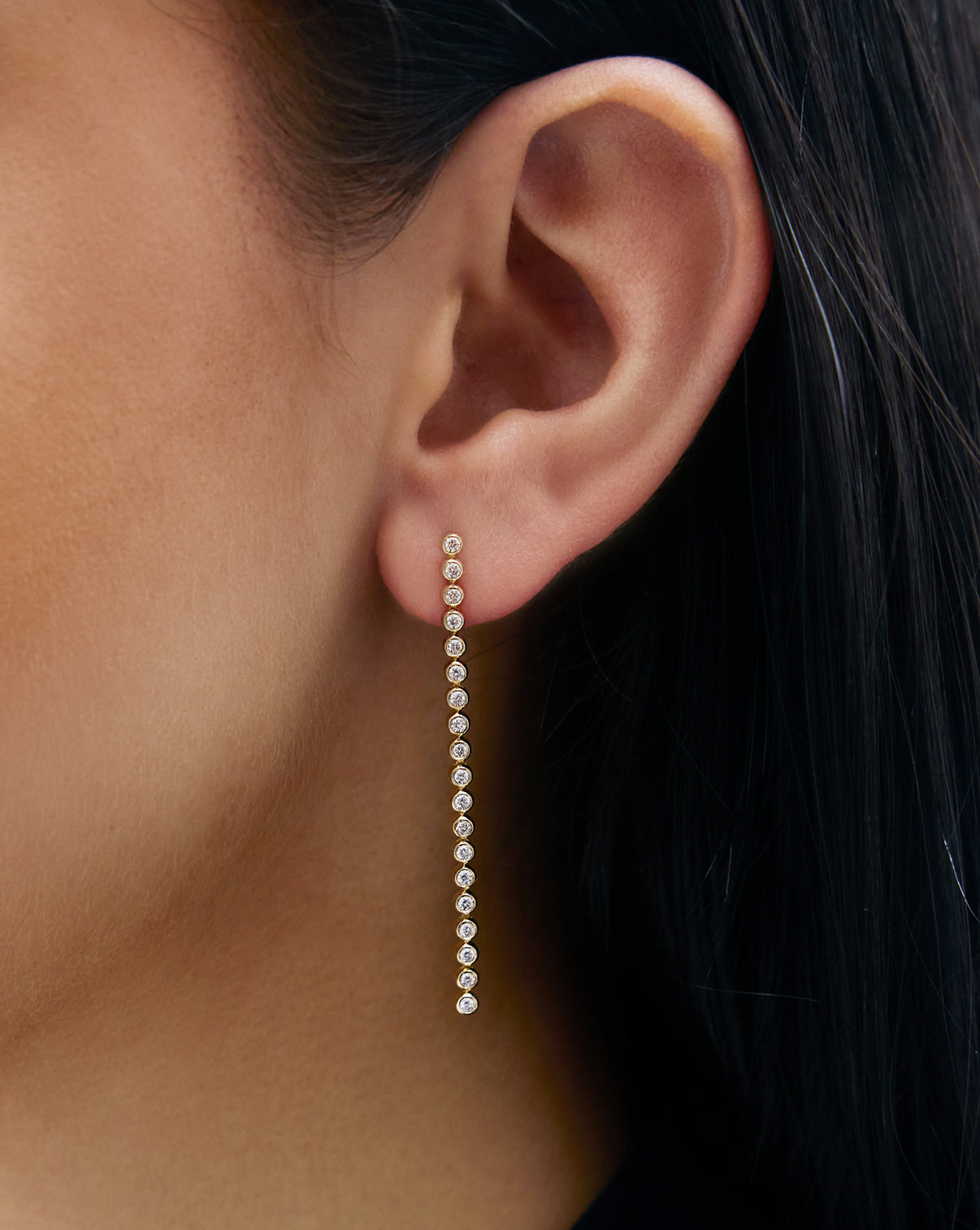 Bezel Diamond Tennis Drop Earrings shown on model's ear