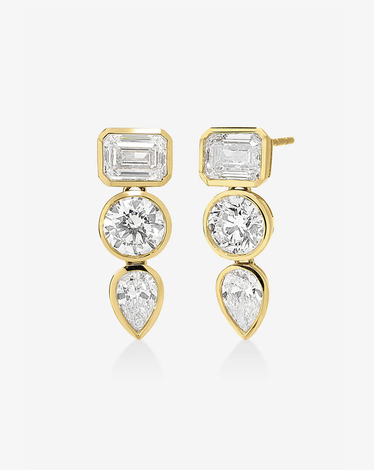 14k yellow gold multi-shape diamond earrings with emerald, round, and pear lab diamonds