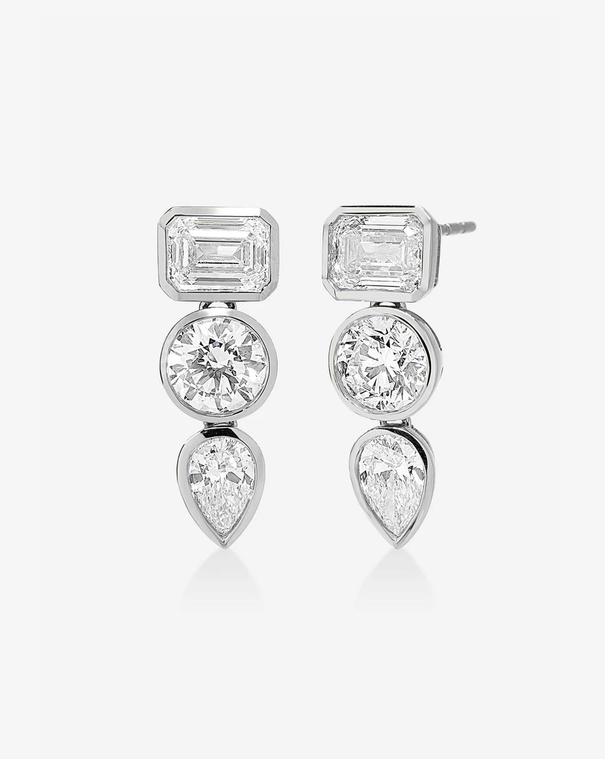 14k white gold multi-shape diamond earrings with emerald, round, and pear lab diamonds