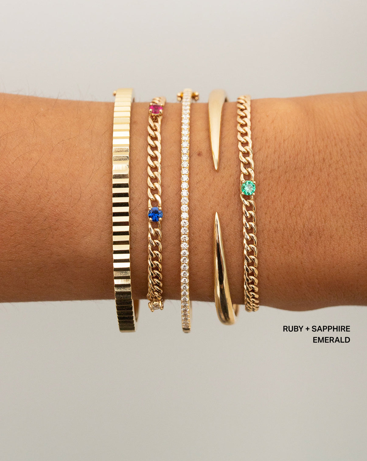 Ring Concierge Bracelets Personalized Curb Chain Birthstone Bracelet in 14K Yellow Gold styled with four additional RC bracelets