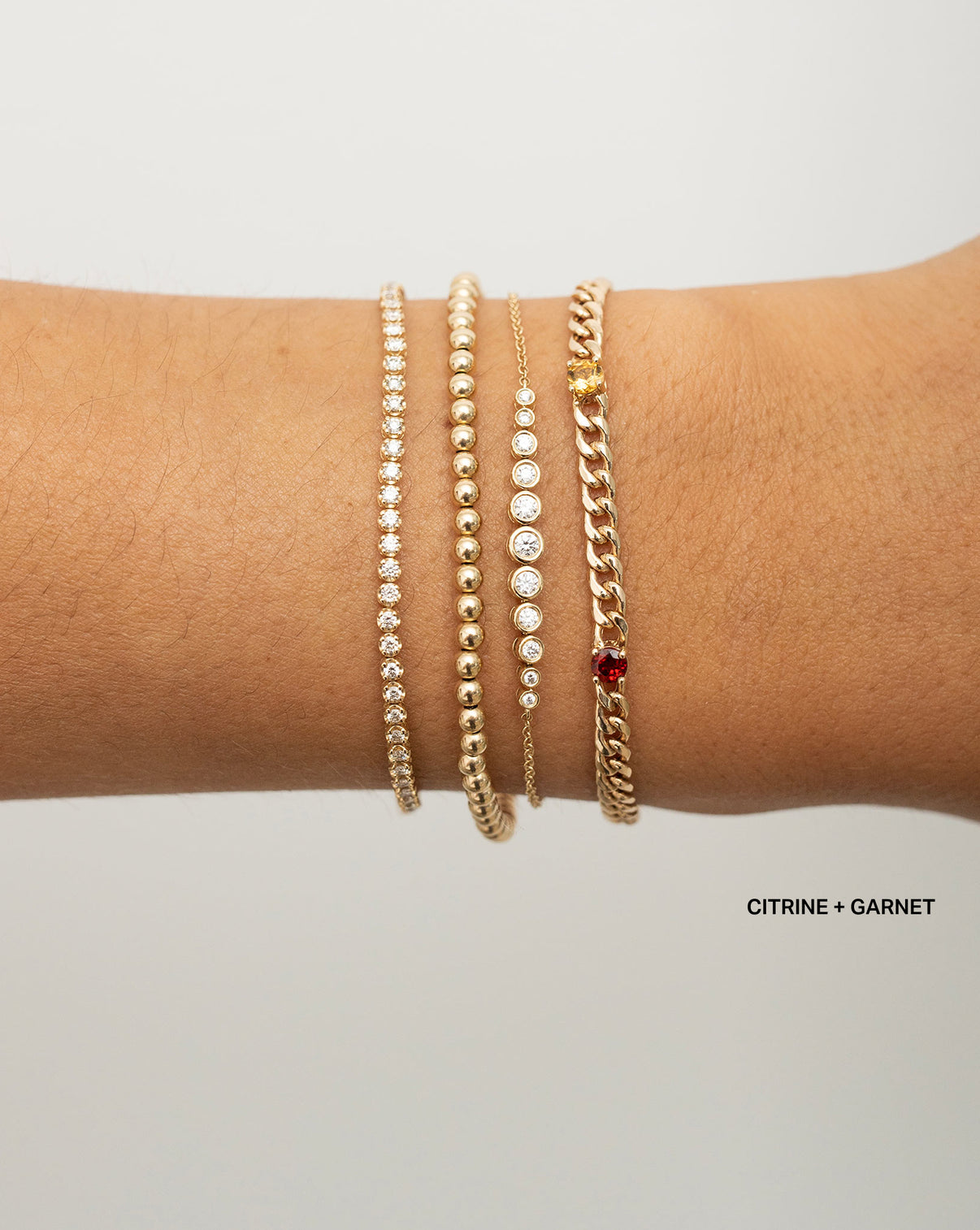 Ring Concierge Bracelets Personalized Curb Chain Birthstone Bracelet in 14K Yellow Gold styled with three additional RC bracelets