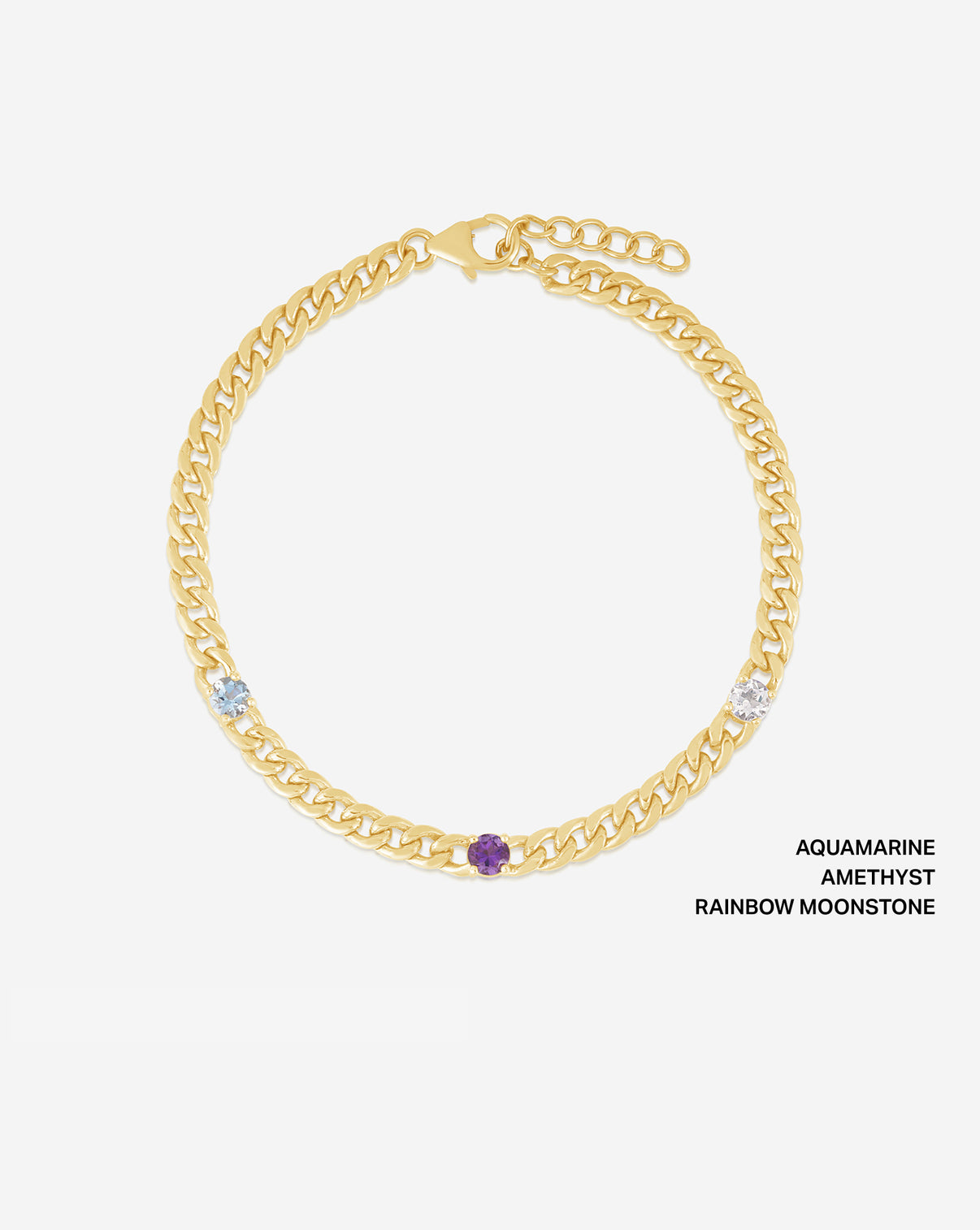 Three-Stone Personalized Curb Chain Birthstone Bracelet in 14K Yellow Gold