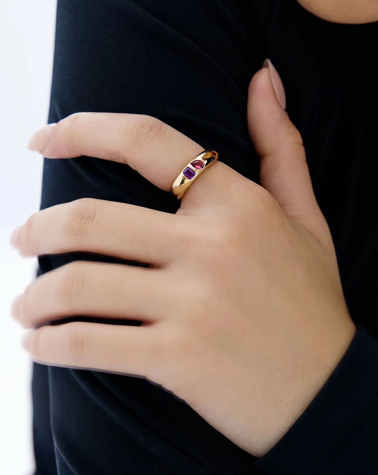 on-model image of birthstone duo ring styled alone GLOBAL