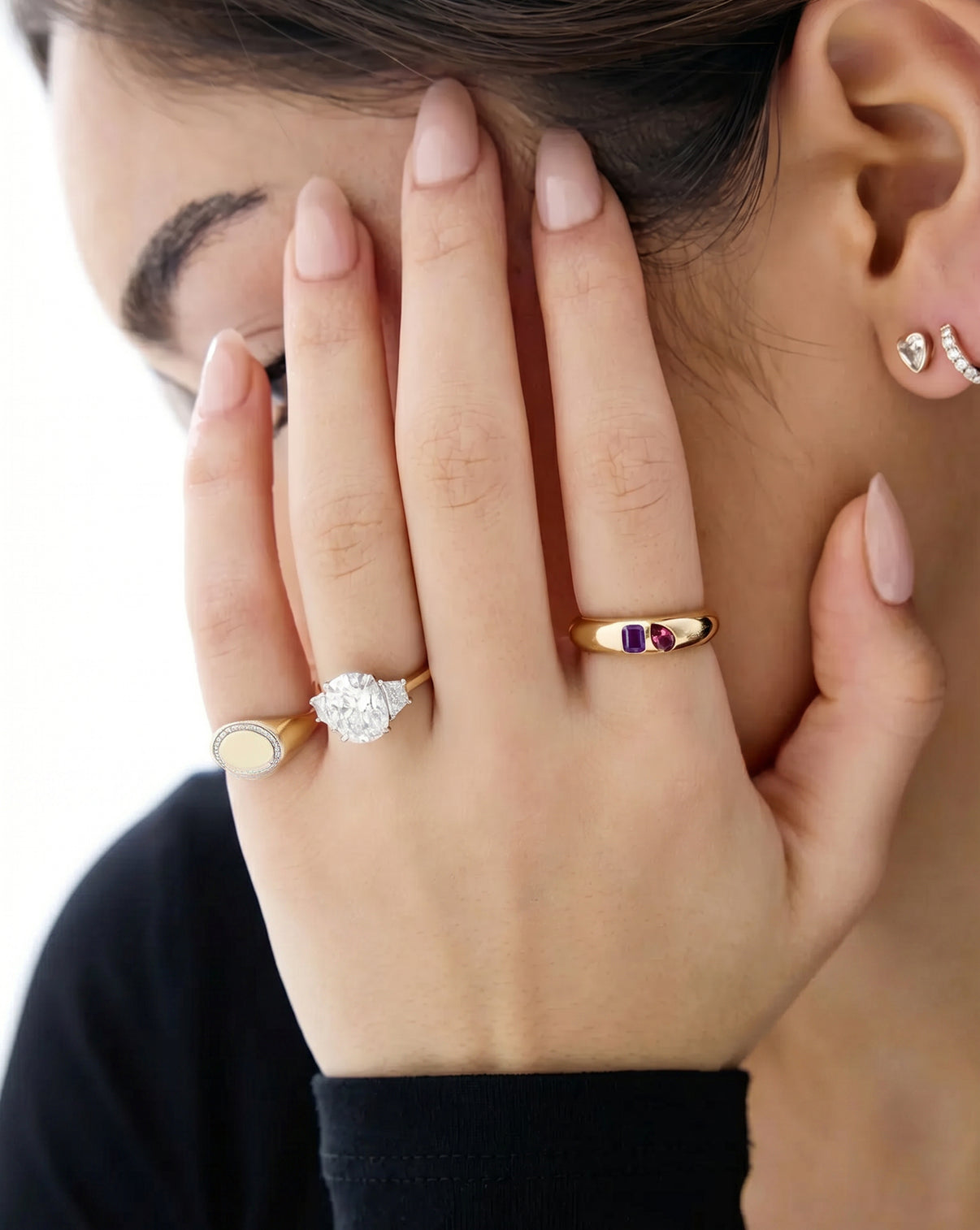  on-model of birthstone duo ring styled with engagement ring GLOBAL