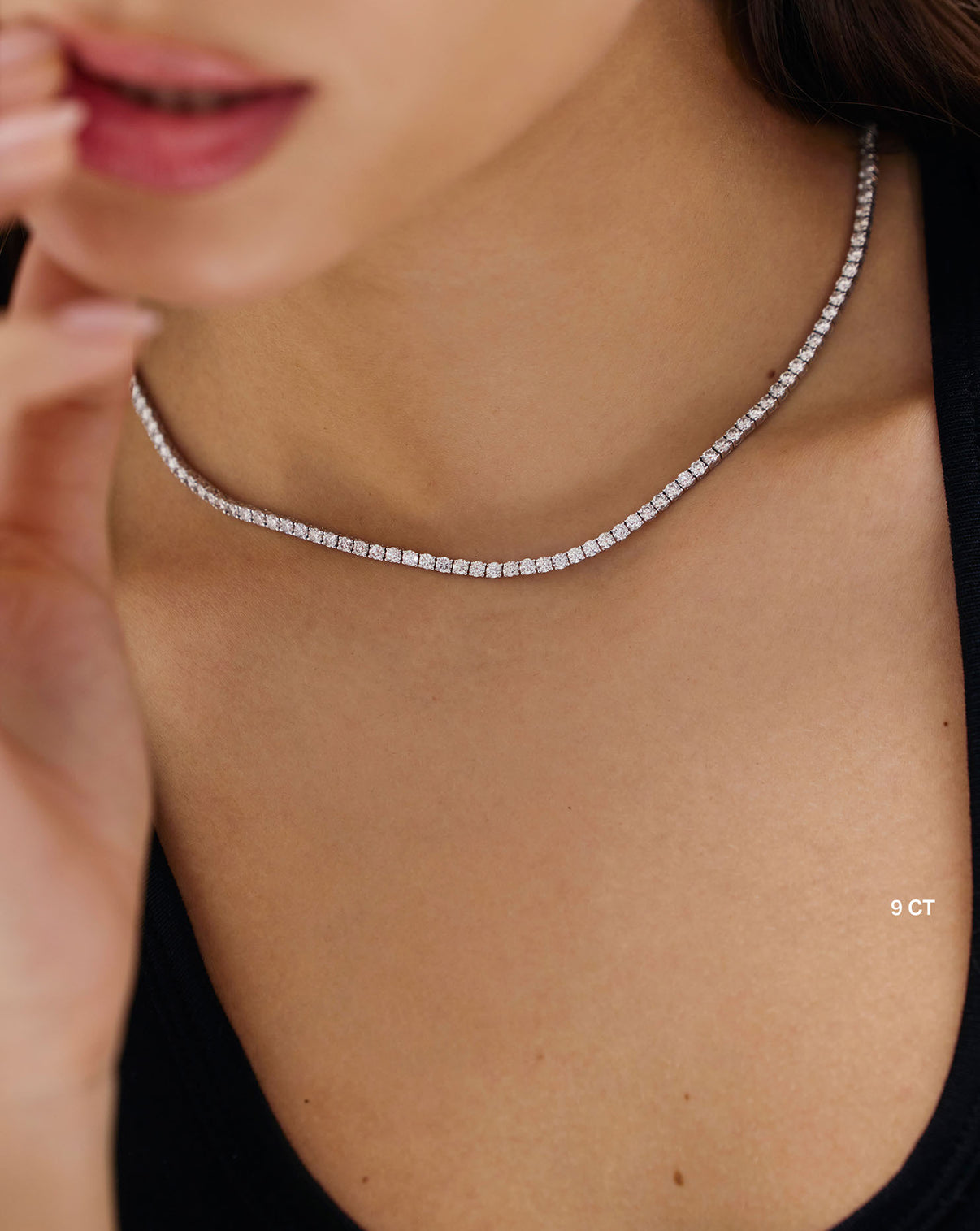 Classic Diamond Tennis Necklace on model displaying the perfect 16-inch length and comfortable fit GLOBAL