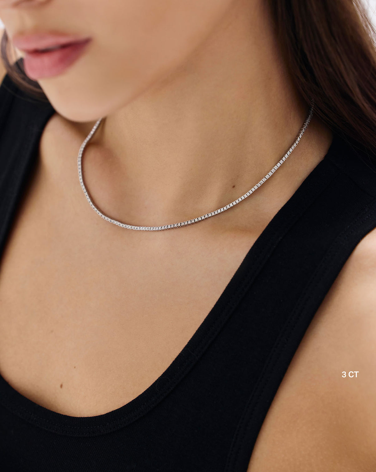 Classic Diamond Tennis Necklace modeled to show elegant diamond sparkle and drape GLOBAL