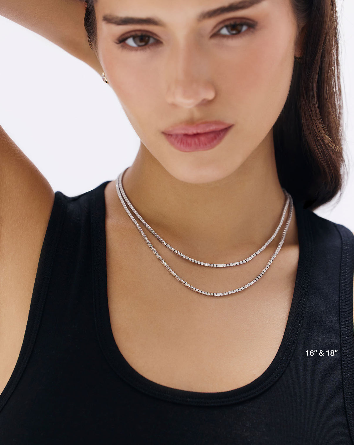 Classic Diamond Tennis Necklace worn by model, showing elegant drape and sparkle against neckline GLOBAL