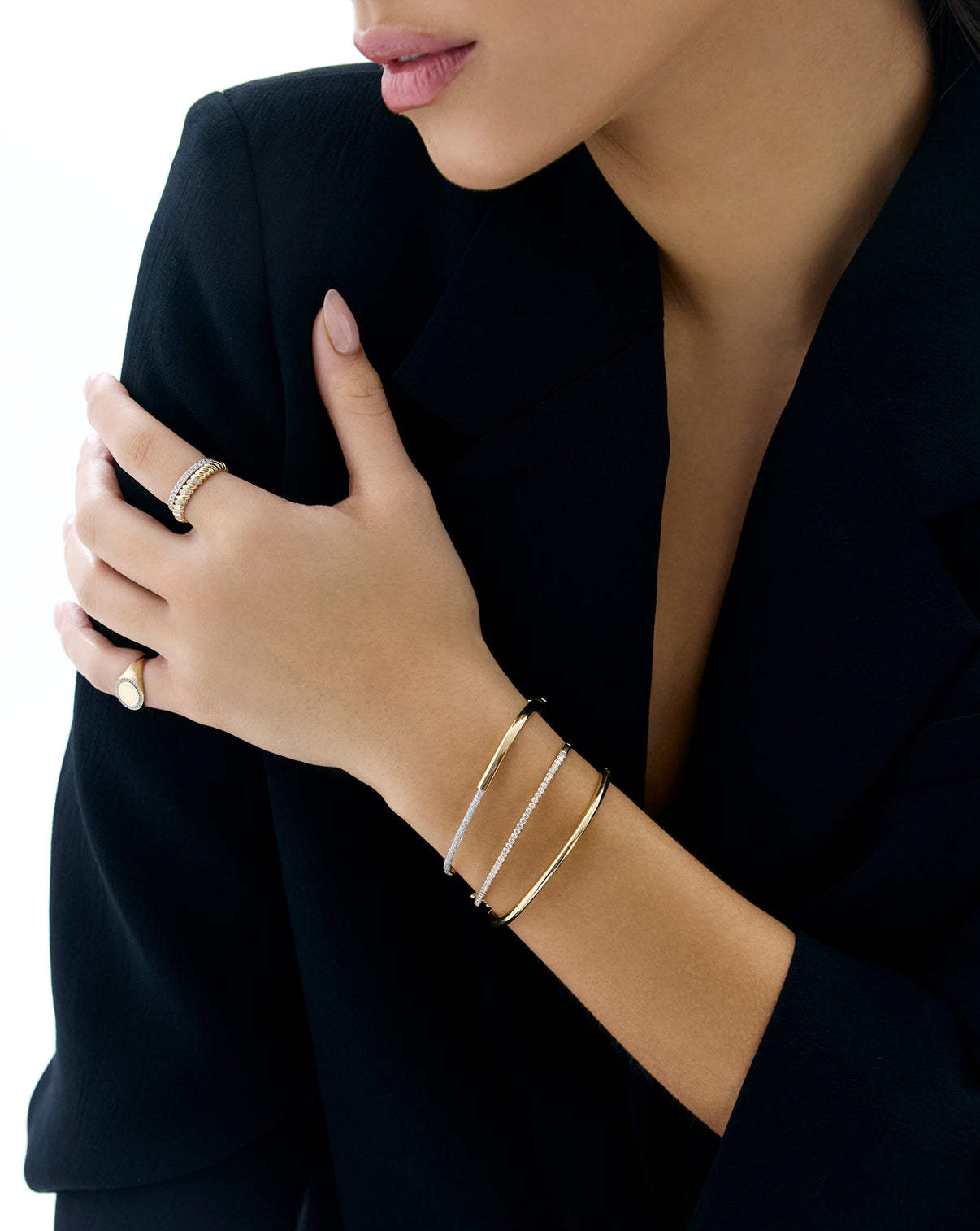 Classic Diamond Bangle on model styled with some of our other top bracelet styles.