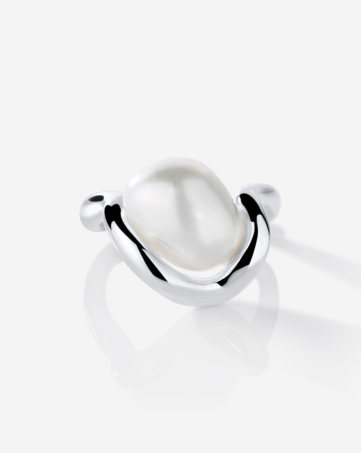 Coco Pearl Ring featuring a lustrous pearl set in gold band, front view showcasing the elegant design