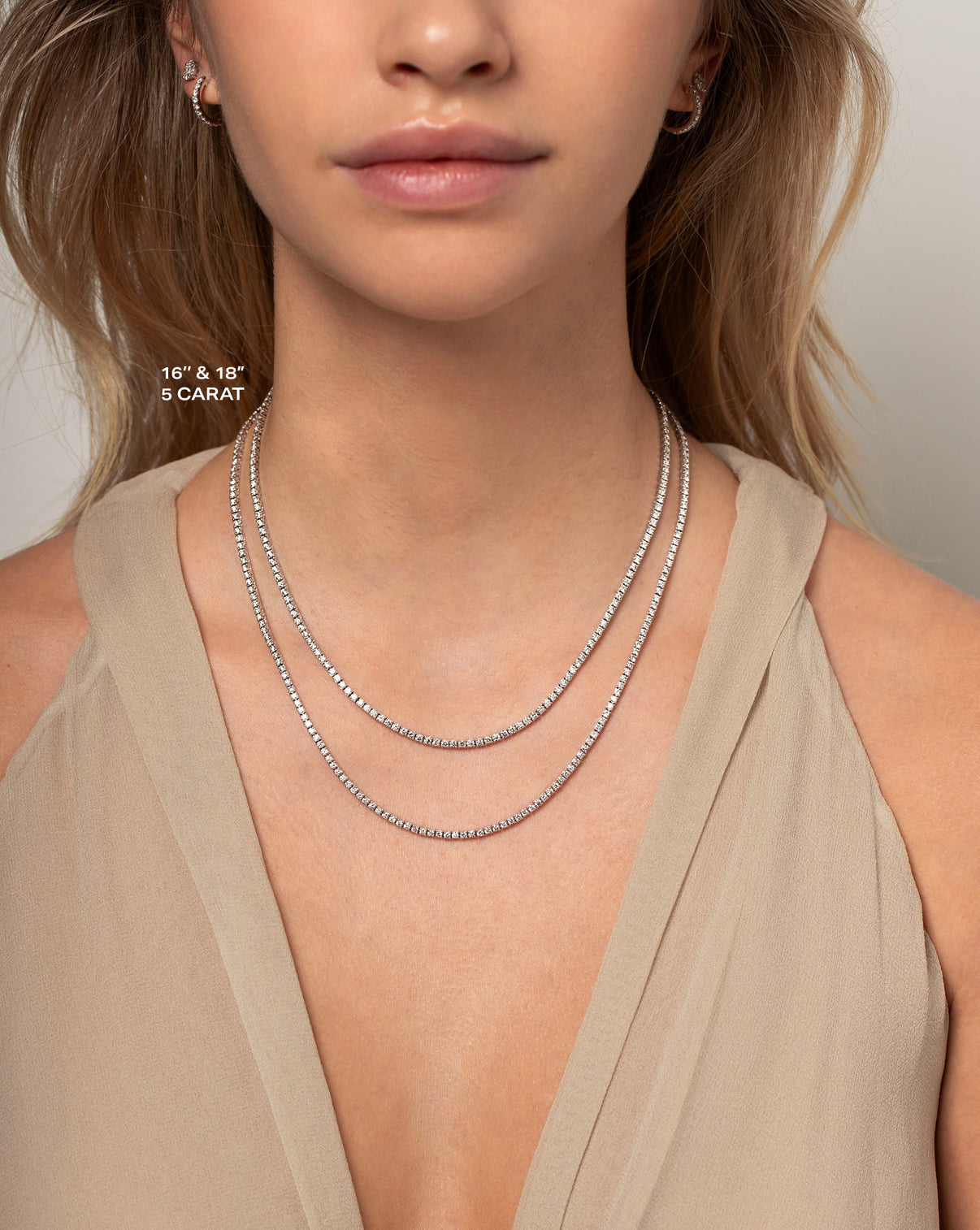 Ring Concierge Necklaces Classic Diamond Tennis Necklace stacked comparing 5 Carat