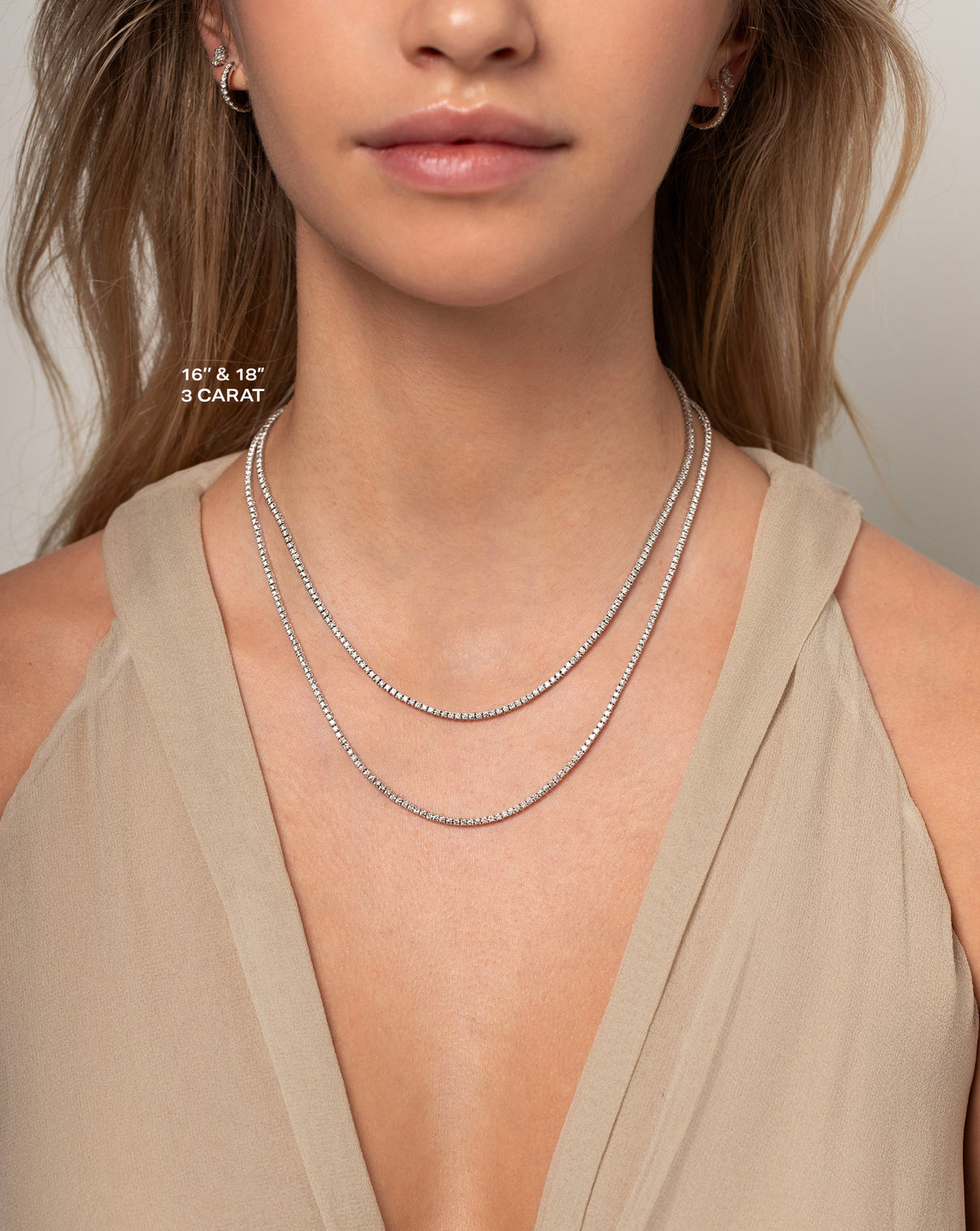 Ring Concierge Necklaces Classic Diamond Tennis Necklace stacked comparing the 3ct
