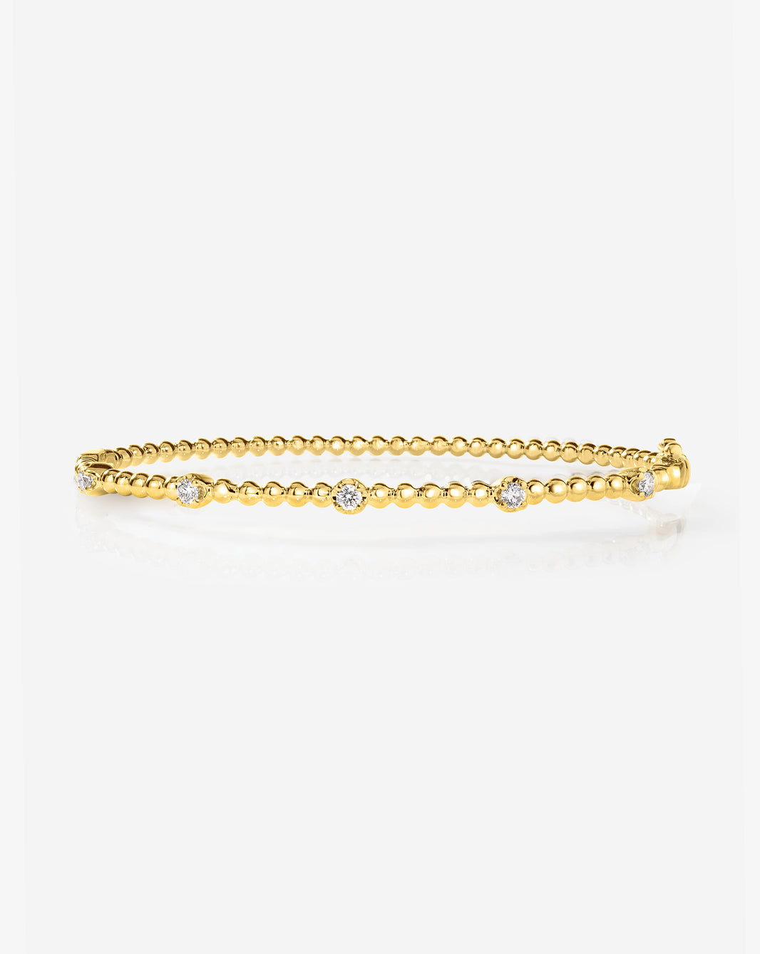 14k solid gold ball diamond bangle with 5 natural diamonds totaling 0.25 carats, featuring push clasp and dual safety latches