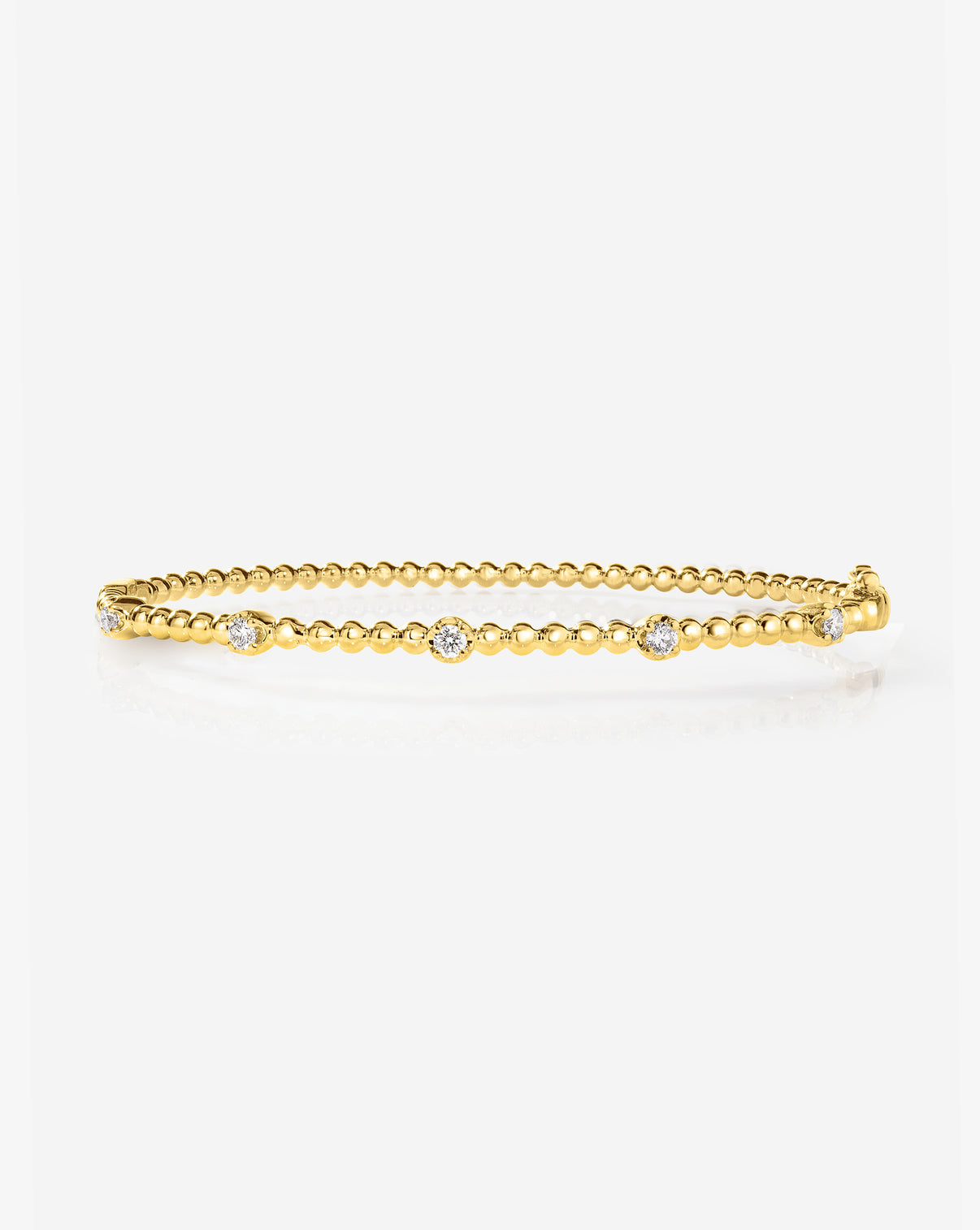 14k solid gold ball diamond bangle with 5 natural diamonds totaling 0.25 carats, featuring push clasp and dual safety latches
