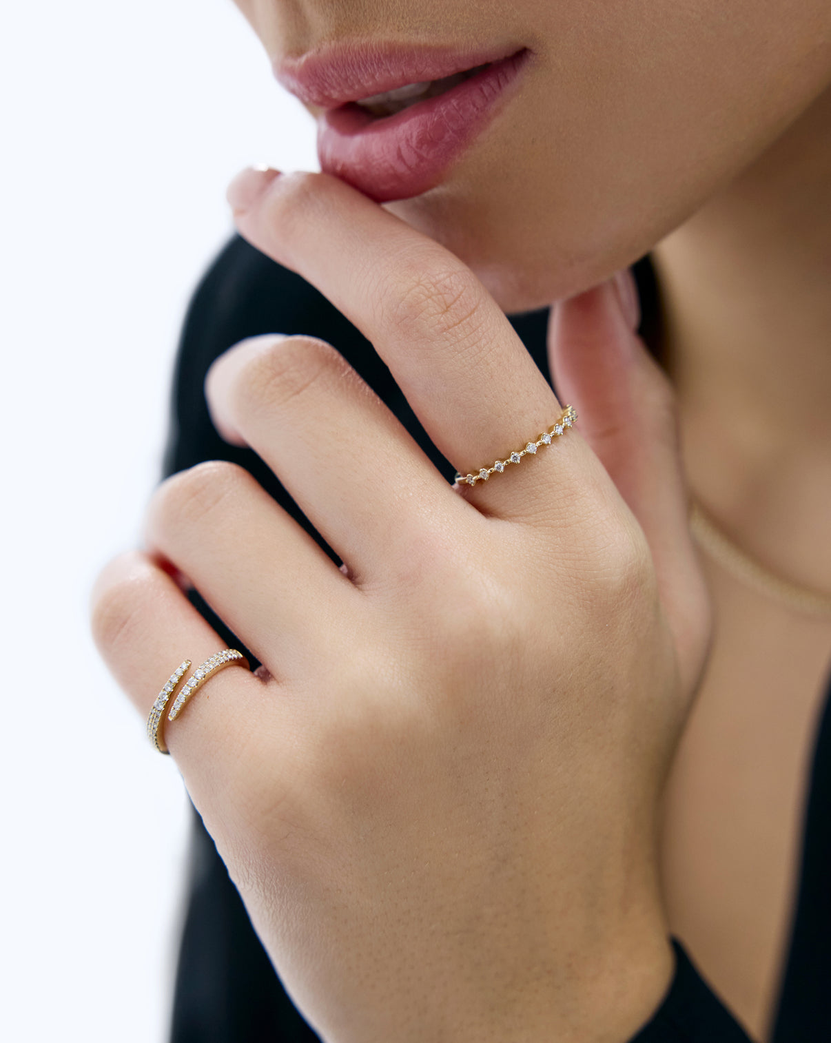 Diamond station stackable ring worn on hand demonstrating fit and sparkle