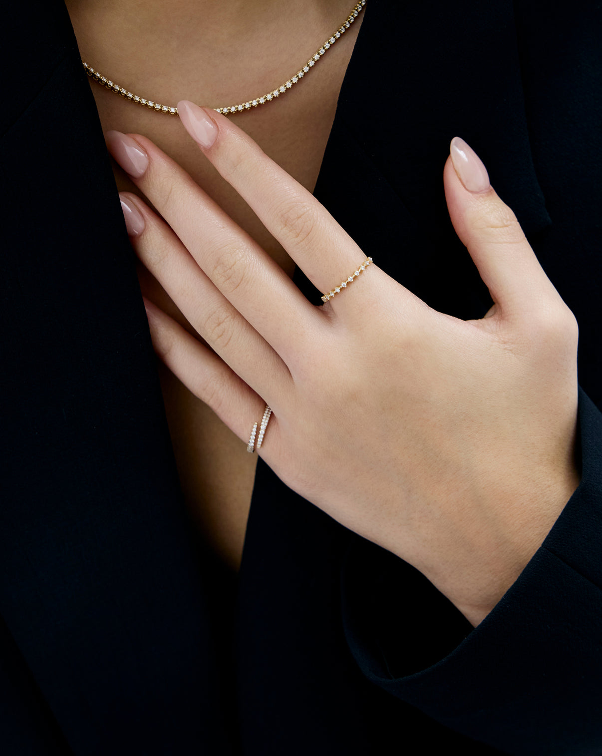 Diamond Station Stackable Ring worn by model