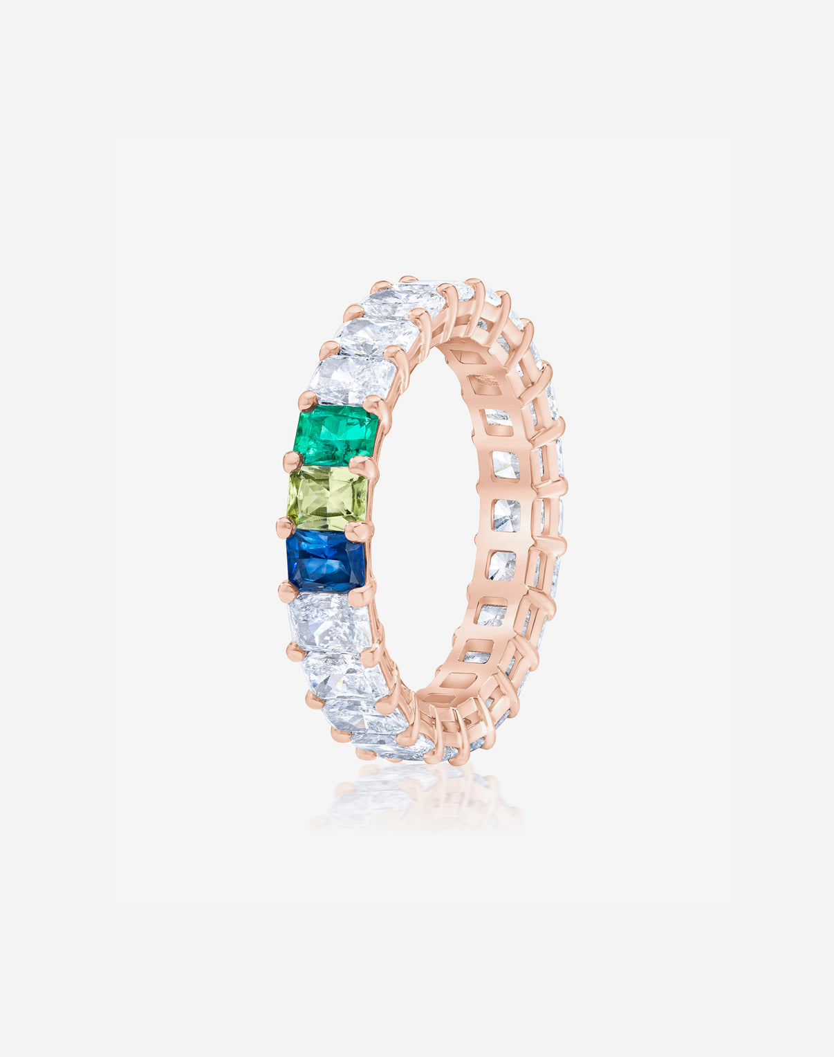 Emerald Diamond and Birthstone Eternity Band in 14K Rose Gold with 3 colored stones side angle