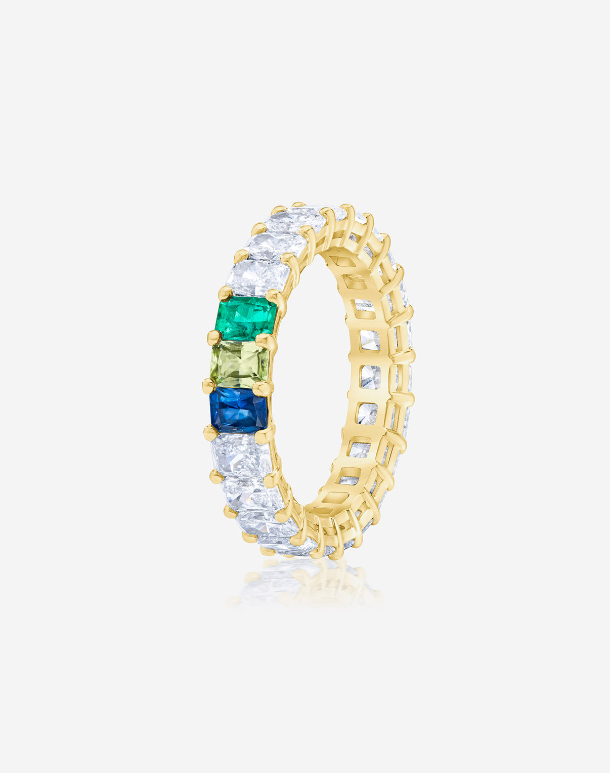 Emerald Diamond and Birthstone Eternity Band in 14K Yellow Gold with 3 colored stones side angle