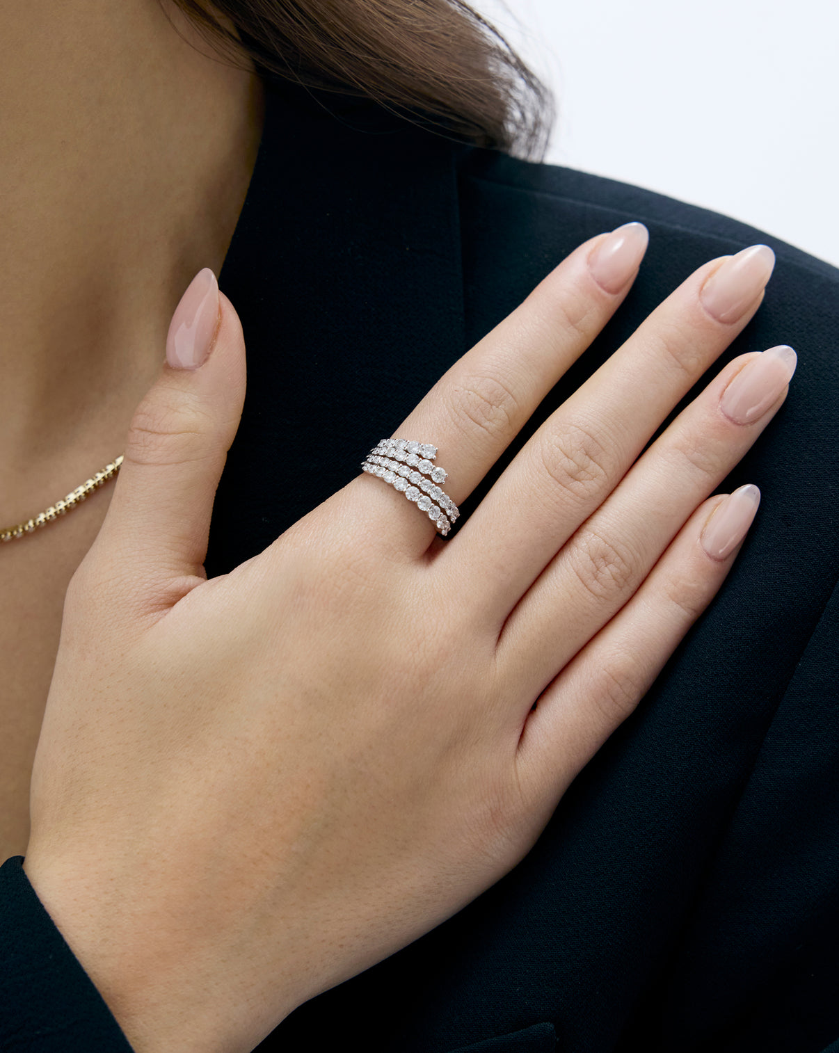Fanned Diamond Statement Ring shown on hand of model