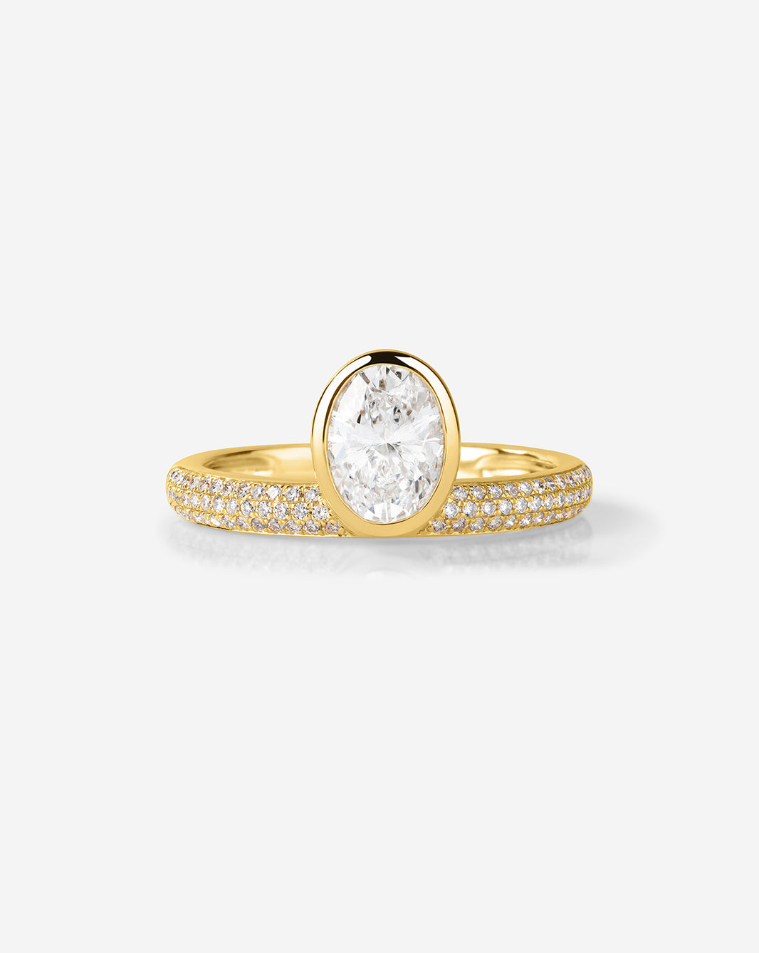 14k gold pavé oval bezel ring with lab diamond center stone and pavé band