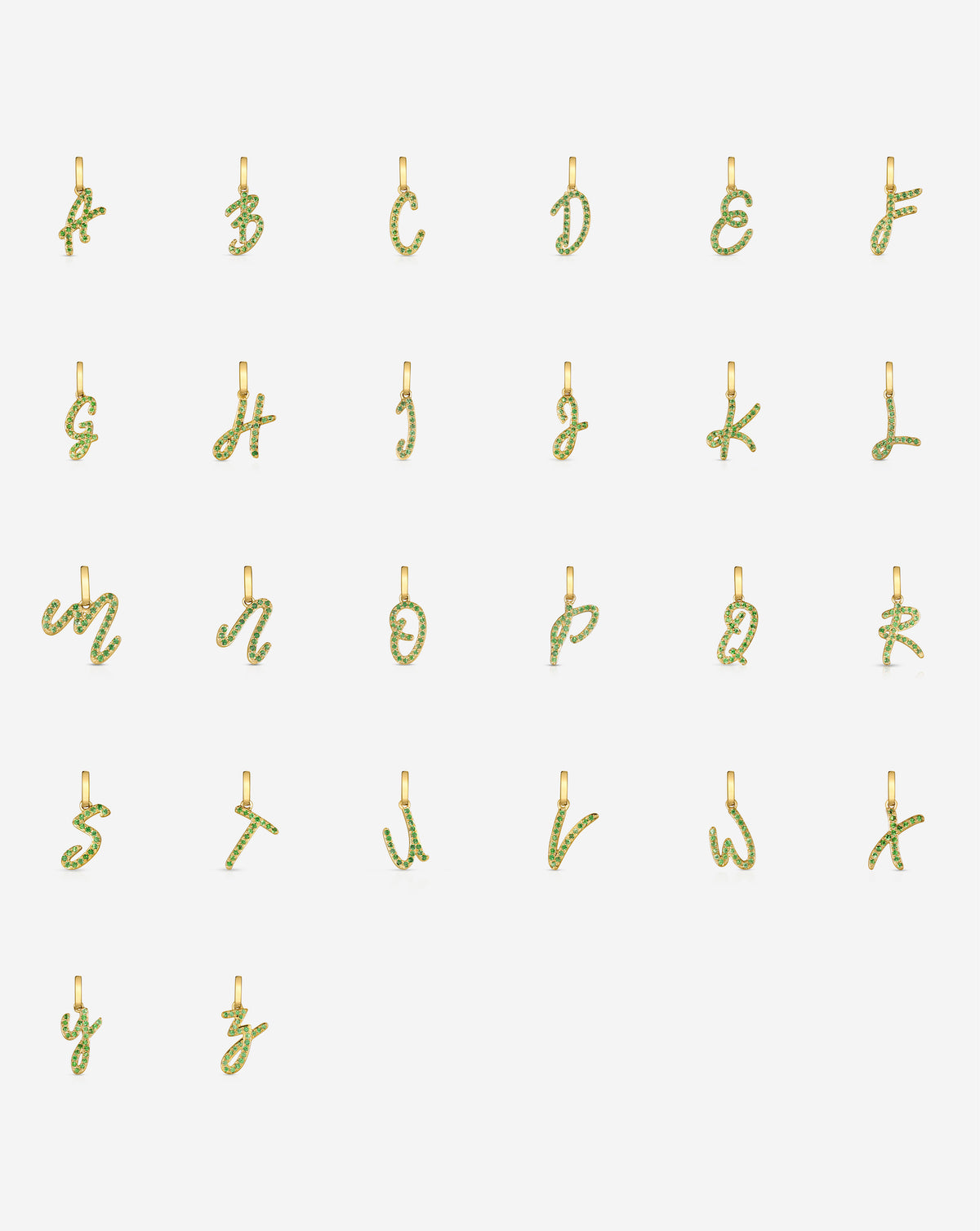Gemstone Script Initial Pendants in green tsavorite and yellow gold alphabet composite