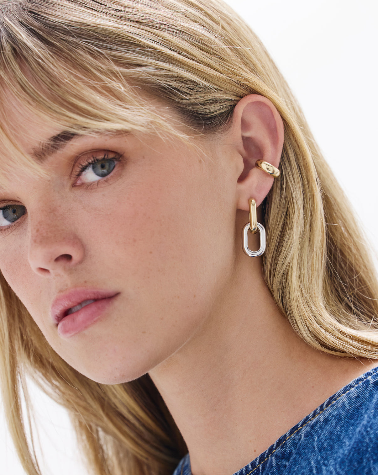 Ring Concierge Bold Gold Cloud Ear Cuff 14k Yellow Gold - on-model on left ear styled with hoops and ear cuffs