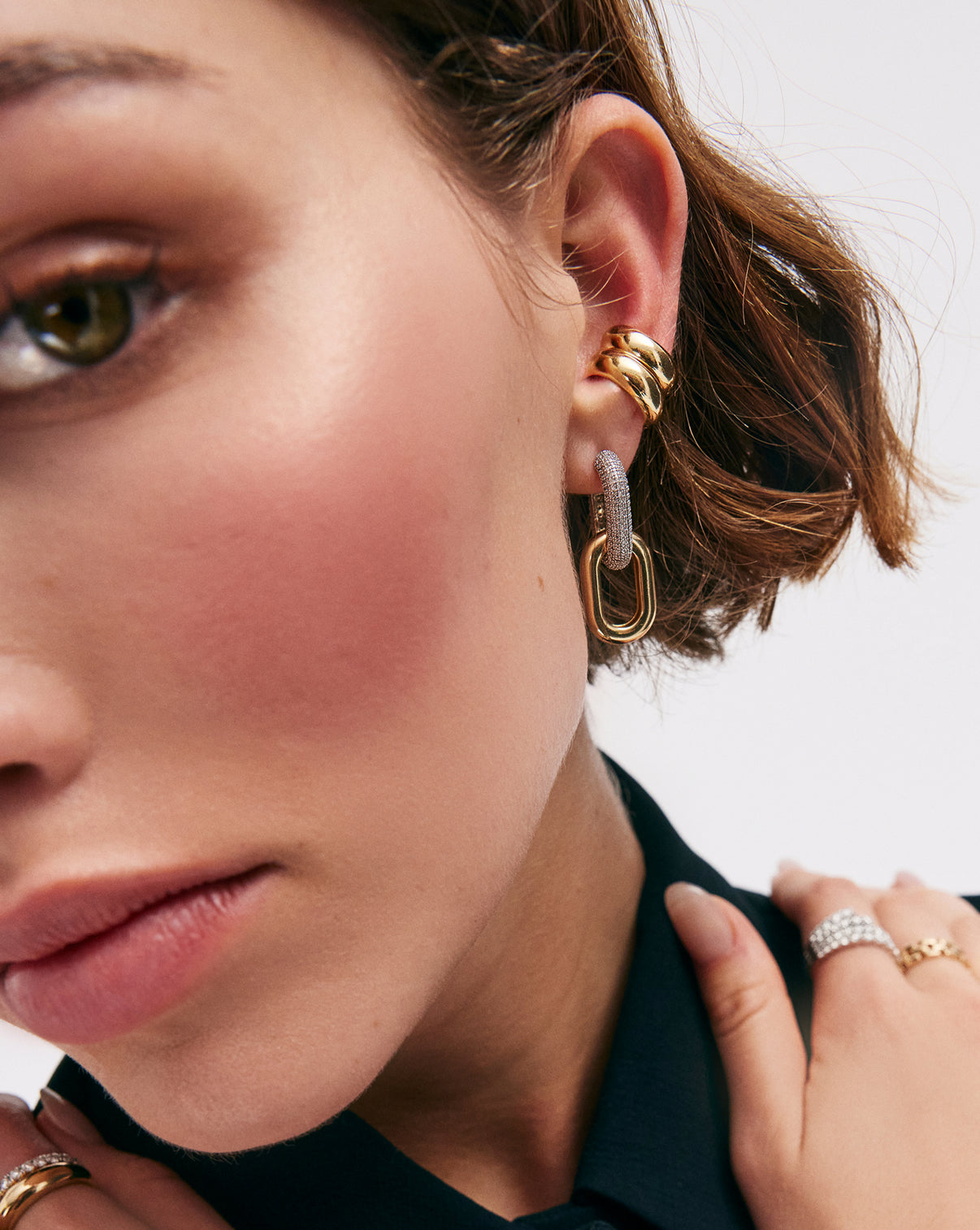 Ring Concierge Gold Cloud Ear Cuff 14k Yellow Gold - on-model on left ear styled with multilink cloud hoops