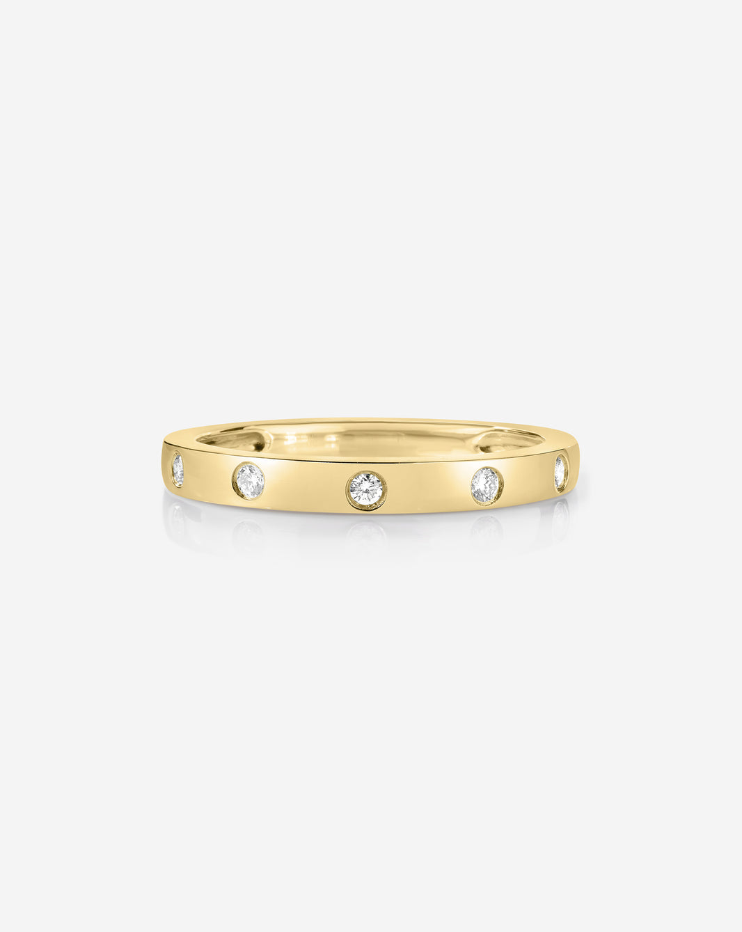 14k solid yellow gold inlay diamond ring featuring 5 round natural diamonds, front view showing sparkle and band detail