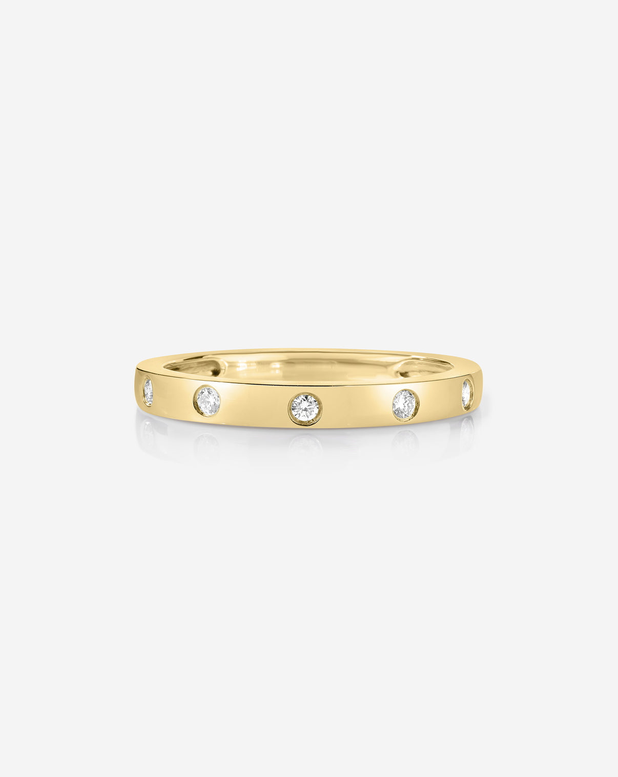 14k solid yellow gold inlay diamond ring featuring 5 round natural diamonds, front view showing sparkle and band detail