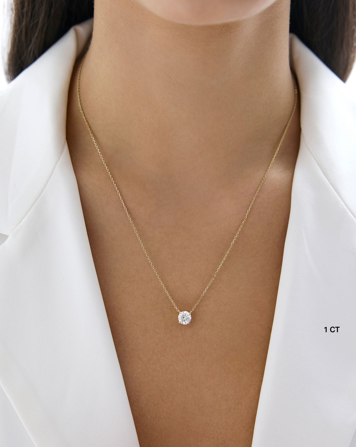 Lab Grown Round Diamond Necklace in Yellow Gold 1 Carat diamond on model 