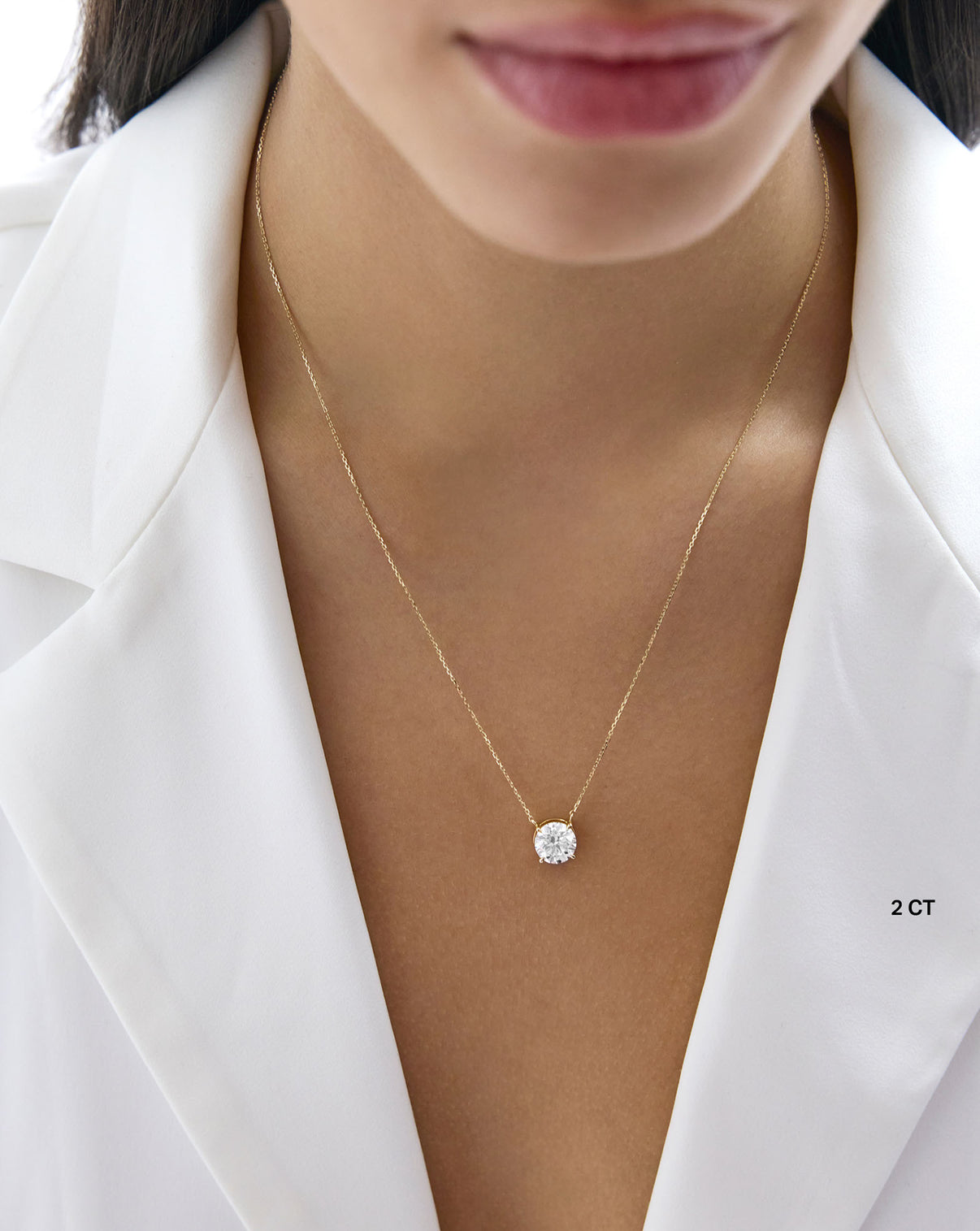 Lab Grown Round Diamond Necklace in Yellow Gold 2 Carat diamond on model 