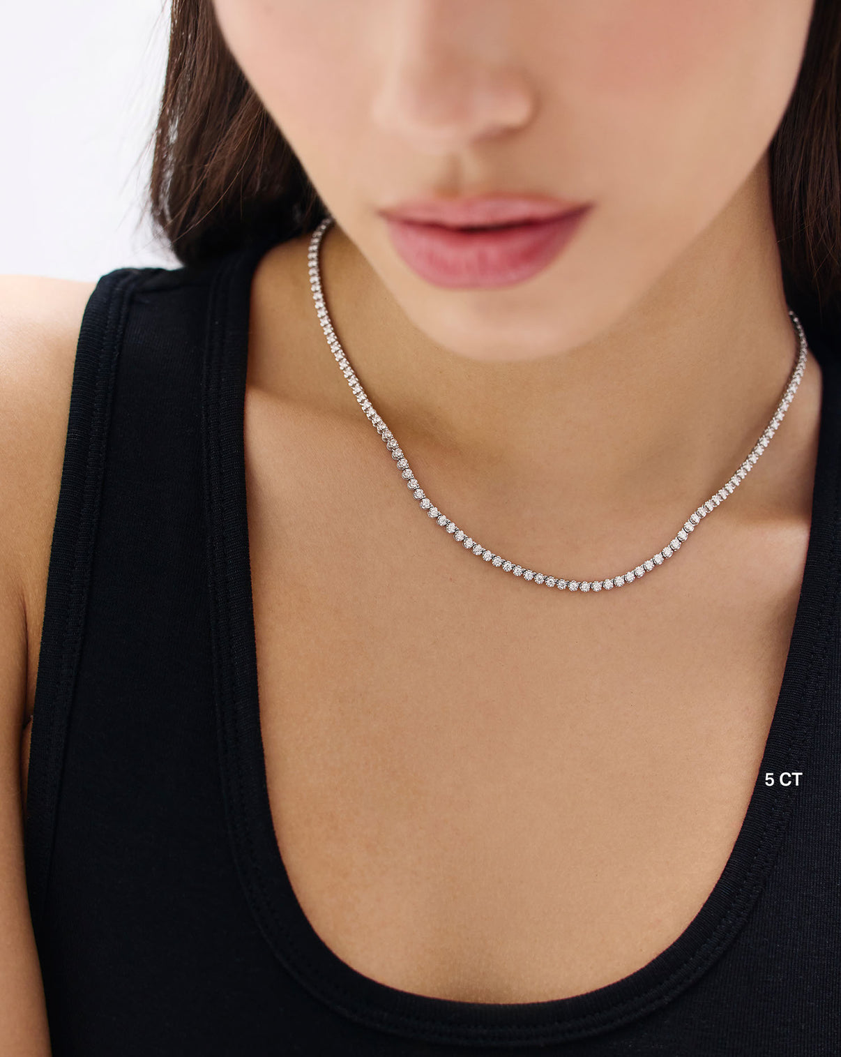 Luxe Diamond Tennis Necklace styled on model showing the perfect length and diamond brilliance global