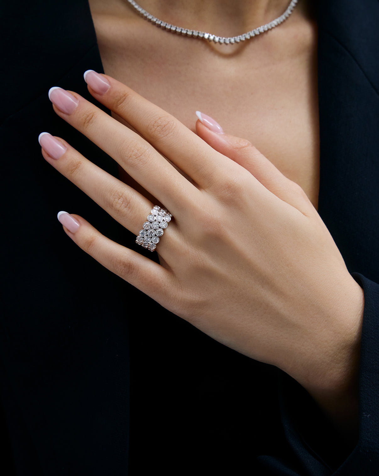 Luxe Diamond Statement Ring on white background on model